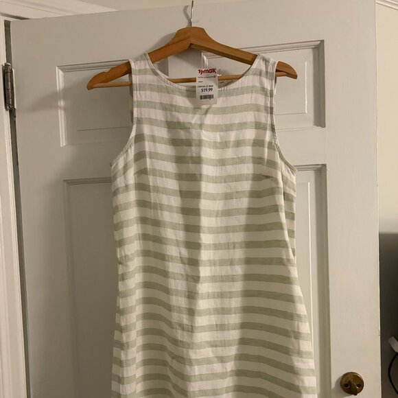 NWT! BeachLunchLounge Linen Slip Dress in Sage Green and White Stripes - Picture 1 of 5
